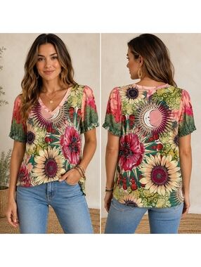 Johnny Was The Janie Emily Floral Celestial V-Neck Puff Sleeve Tee Size S